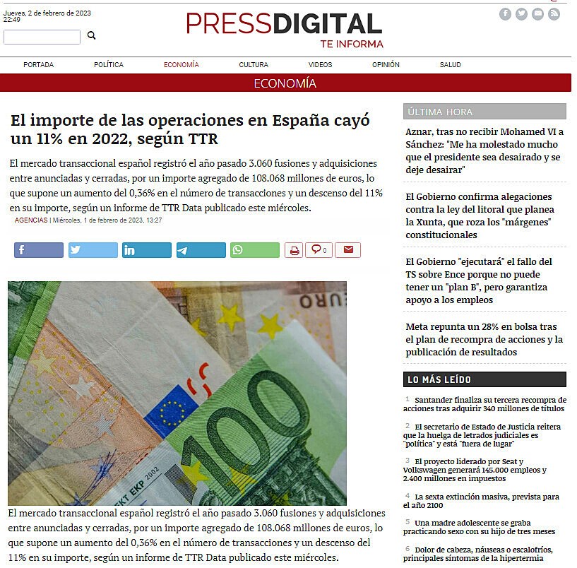 El importe de las operaciones en Espaa cay un 11% en 2022, segn TTR